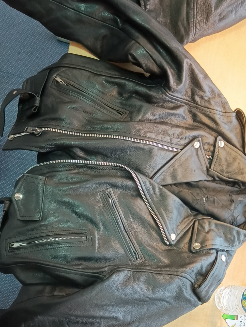 Men's Black Leather Bomber Jacket with Zipper Details